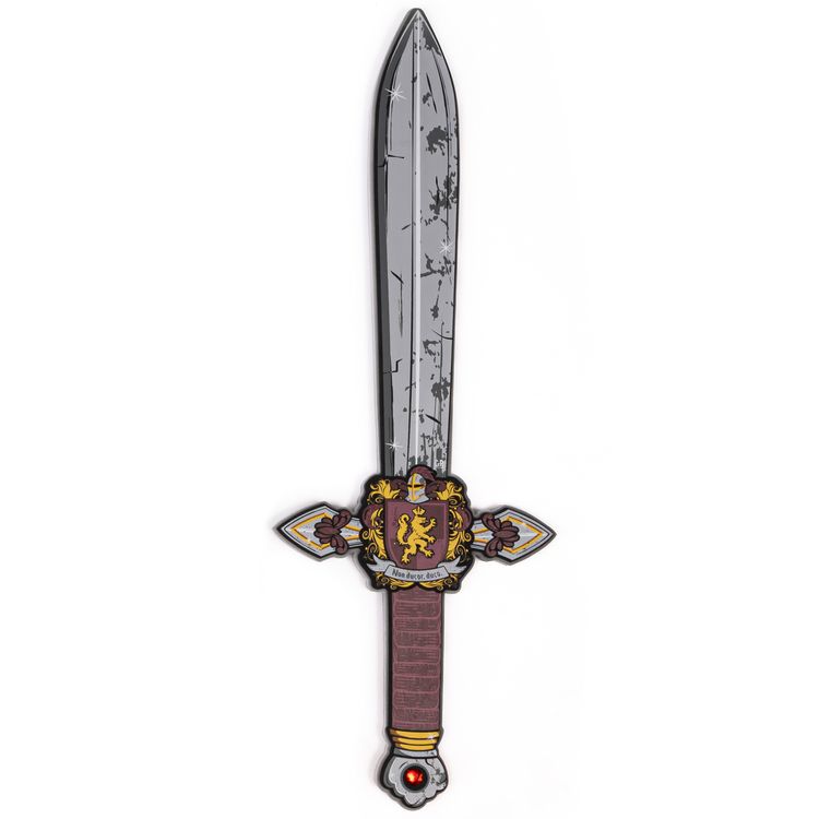 Ritter Schwert aus EVA-Schaumstoff mit detailreicher Klinge und verziertem Griff vor weißem Hintergrund.