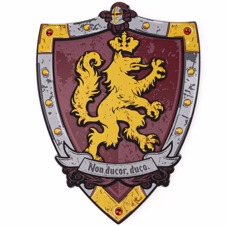 Ritterschild für Kinder EVA Schaumstoff mit Löwenwappen weich Mittelalter Kostüm-Zubehör Schutzschild Fasching Karneval Mottoparty Rollenspiel Kinderfasching Spielzeug-Schild Ritterschild aus EVA-Schaumstoff mit goldenem Löwenwappen im mittelalterlichen Design vor weißem Hintergrund.