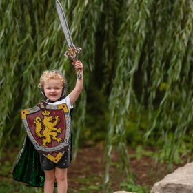 Ritter Set mit Schwert und Schild aus EVA Schaumstoff mit Löwenwappen auf weißem Hintergrund.