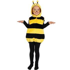 Kind im gelb-schwarzen Bienenkostüm mit Kapuze, kleinen Fühlern und flauschiger Tunika.