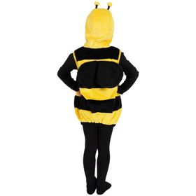 Kind im gelb-schwarzen Bienenkostüm mit Kapuze, kleinen Fühlern und flauschiger Tunika.