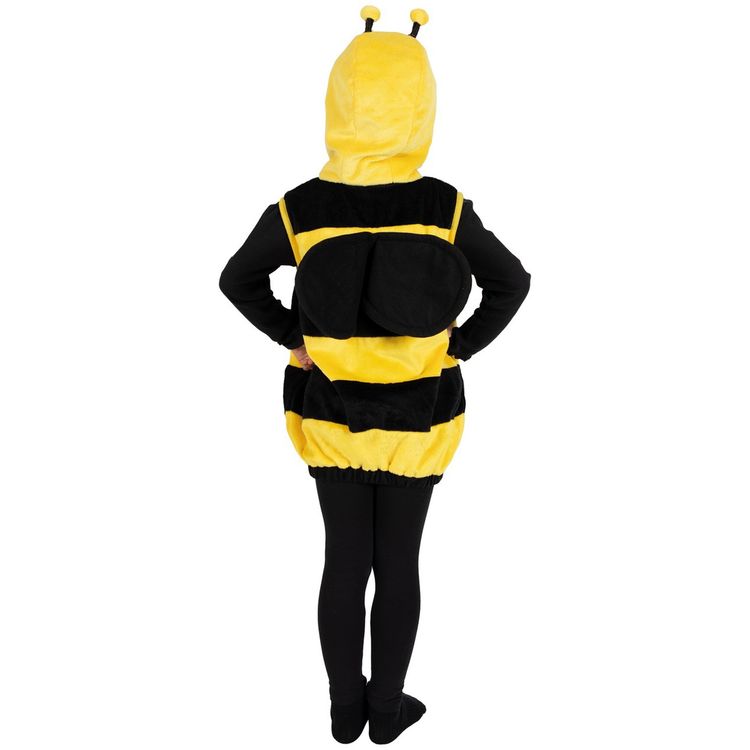 Kind im gelb-schwarzen Bienenkostüm mit Kapuze, kleinen Fühlern und flauschiger Tunika.