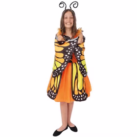 Schmetterling Kostüm Kinder Aurora Orange mit Flügeln & Haarreif 5-12 Jahre Tier Tierkostüm Butterfly Fasching Karneval Mottoparty Kindergeburtstag Lächelndes Mädchen im Schmetterlingskostüm mit großen Flügeln und schwarzem Haarreif mit Fühlern.