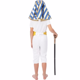 Ägypter Kostüm Kinder Pharao Weiß Gold 5-12 Jahre Ramses Antike Ferne Länder Ägypten Altes Ägypten Pyramiden Kinderfasching Karneval Mottoparty Fasching Rückansicht des Ägypter Kinderkostüms mit blau-goldener Kopfbedeckung und weißem Overall.