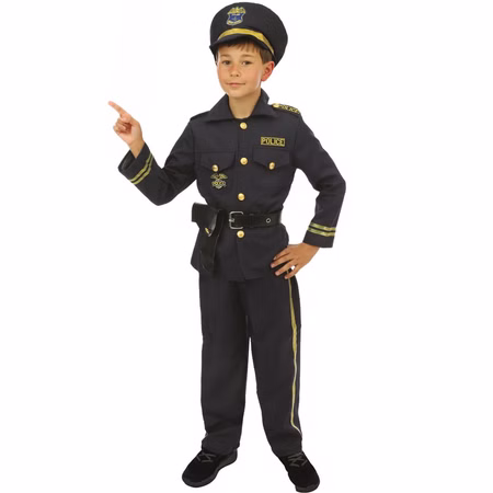 Polizei Kostüm Kinder Polizist Max mit Mütze Uniform Fasching 3-12 Jahre Berufe Fasching Karneval Mottoparty Kindergeburtstag Rollenspiel Polizistenkostüm Junge im dunkelblauen Polizei Kostüm mit Mütze, Gürtel und Holster zeigt mit dem Finger nach vorne.