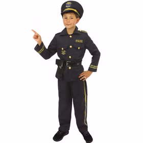 Polizei Kostüm Kinder Polizist Max mit Mütze Uniform Fasching 3-12 Jahre Berufe Fasching Karneval Mottoparty Kindergeburtstag Rollenspiel Polizistenkostüm Junge im dunkelblauen Polizei Kostüm mit Mütze, Gürtel und Holster zeigt mit dem Finger nach vorne.