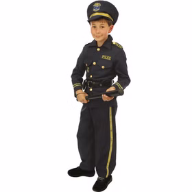 Polizei Kostüm Kinder Polizist Max mit Mütze Uniform Fasching 3-12 Jahre Berufe Fasching Karneval Mottoparty Kindergeburtstag Rollenspiel Polizistenkostüm Kinder Polizeikostüm mit goldenen Details und Polizeimütze, getragen von einem Jungen mit Schlagstock.