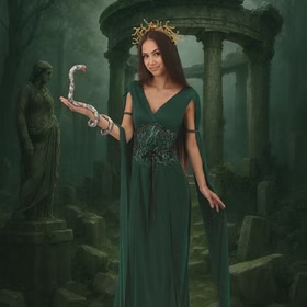 Medusa Kostüm Damen Grün Griechische Göttin mit Schlangen Haarreif Gr. S-XL Kleid griechische Mythologie Fasching Karneval Mottoparty Halloween Fantasy-Szene mit Frau im Medusa Kostüm vor mystischer antiker Ruinenkulisse.