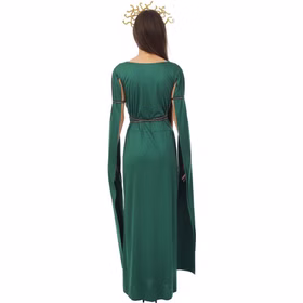 Medusa Kostüm Damen Grün Griechische Göttin mit Schlangen Haarreif Gr. S-XL Kleid griechische Mythologie Fasching Karneval Mottoparty Halloween Rückansicht des langen grünen Medusa Kleids mit fließendem Stoff und offenen Ärmeln.