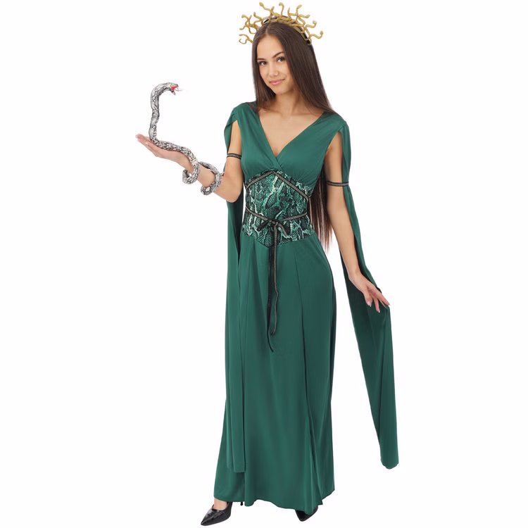 Medusa Kostüm Damen Grün Griechische Göttin mit Schlangen Haarreif Gr. S-XL Kleid griechische Mythologie Fasching Karneval Mottoparty Halloween Dame im grünen Medusa Kostüm mit Schlangen-Haarreif, Armstulpen und dekorativer Schlange auf der Hand.