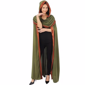 Mittelalter Umhang Grün mit Kapuze 140 cm Cape für Erwachsene LARP Kostüm-Zubehör Fasching Karneval Mottoparty Mittelalterfest Mittelaltermode Halloween Zauberin Waldläuferin Mittelalter Cape mit großer Kapuze in Grün und Braun für Fantasy-, LARP- und Faschingskostüme.