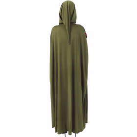 Mittelalter Umhang Grün mit Kapuze 140 cm Cape für Erwachsene LARP Kostüm-Zubehör Fasching Karneval Mottoparty Mittelalterfest Mittelaltermode Halloween Zauberin Waldläuferin Rückansicht des langen grünen Mittelalter Umhangs mit großer spitzer Kapuze und fließendem Stoff.
