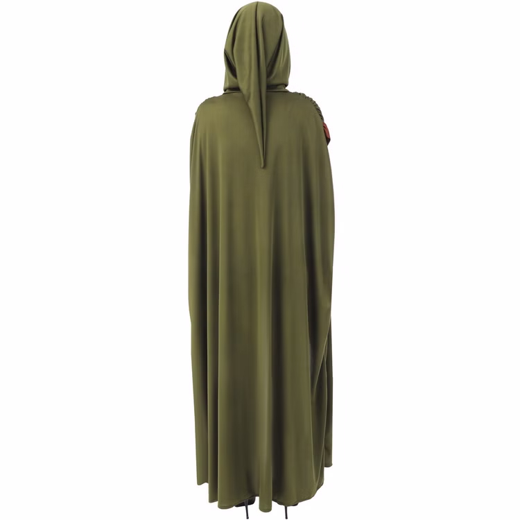 Mittelalter Umhang Grün mit Kapuze 140 cm Cape für Erwachsene LARP Kostüm-Zubehör Fasching Karneval Mottoparty Mittelalterfest Mittelaltermode Halloween Zauberin Waldläuferin Rückansicht des langen grünen Mittelalter Umhangs mit großer spitzer Kapuze und fließendem Stoff.