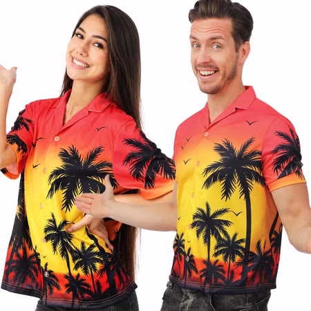 Hawaiihemd für Damen & Herren Rot Gelb Palmen Sommer Party Hemd Gr. S-XL Beachparty Party-Outfit Fasching Karneval Mottoparty Strandurlaub Frau und Mann präsentieren farbenfrohe Hawaiihemden im tropischen Palmen-Look als Partneroutfit.