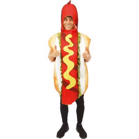 Hotdog Kostüm Erwachsene Fast Food Hot Dog JGA Party Fasching Karneval Mottoparty JGA Paar- und Gruppenkostüm Lebensmittel Essenskostüm Spaßkostüm Mann im Hotdog Kostüm zeigt Daumen hoch und präsentiert die witzige Fast-Food-Verkleidung.