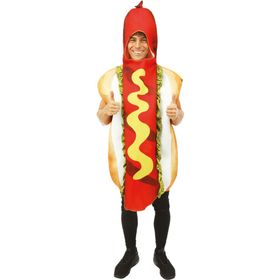 Mann im Hotdog Kostüm zeigt Daumen hoch und präsentiert die witzige Fast-Food-Verkleidung.