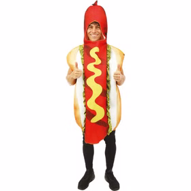 Hotdog Kostüm Erwachsene Fast Food Hot Dog JGA Party Fasching Karneval Mottoparty JGA Paar- und Gruppenkostüm Lebensmittel Essenskostüm Spaßkostüm Mann im Hotdog Kostüm zeigt Daumen hoch und präsentiert die witzige Fast-Food-Verkleidung.