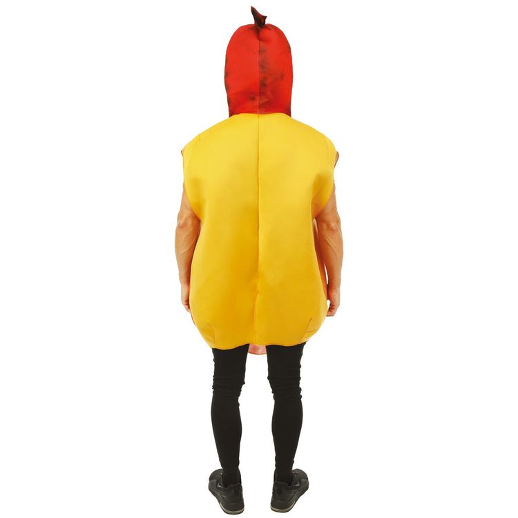 Mann im Hotdog Kostüm zeigt Daumen hoch und präsentiert die witzige Fast-Food-Verkleidung.