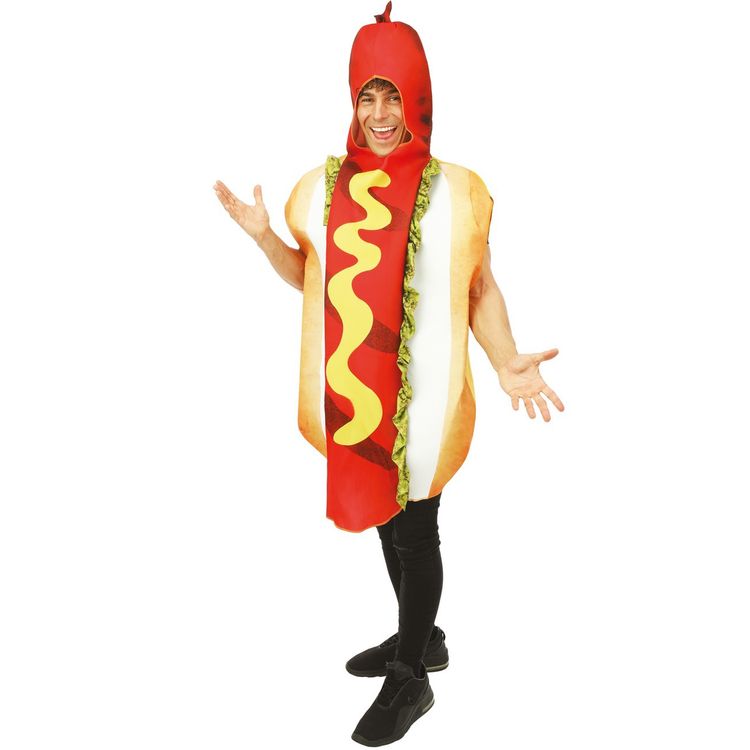 Mann im Hotdog Kostüm zeigt Daumen hoch und präsentiert die witzige Fast-Food-Verkleidung.