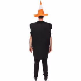Ampel Kostüm mit Hut Baustellenkegel Unisex JGA Fasching Karneval Mottoparty Spaßkostüm JGA Unisex-Kostüm Einheitsgröße Verkehrskegel Rückansicht eines Mannes im Ampel Kostüm mit schwarzer Tunika und auffälligem Baustellenkegel-Hut.