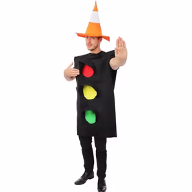 Ampel Kostüm mit Hut Baustellenkegel Unisex JGA Fasching Karneval Mottoparty Spaßkostüm JGA Unisex-Kostüm Einheitsgröße Verkehrskegel Mann trägt schwarzes Ampel Kostüm mit roten, gelben und grünen Lichtern sowie orangefarbenem Baustellenkegel-Hut.