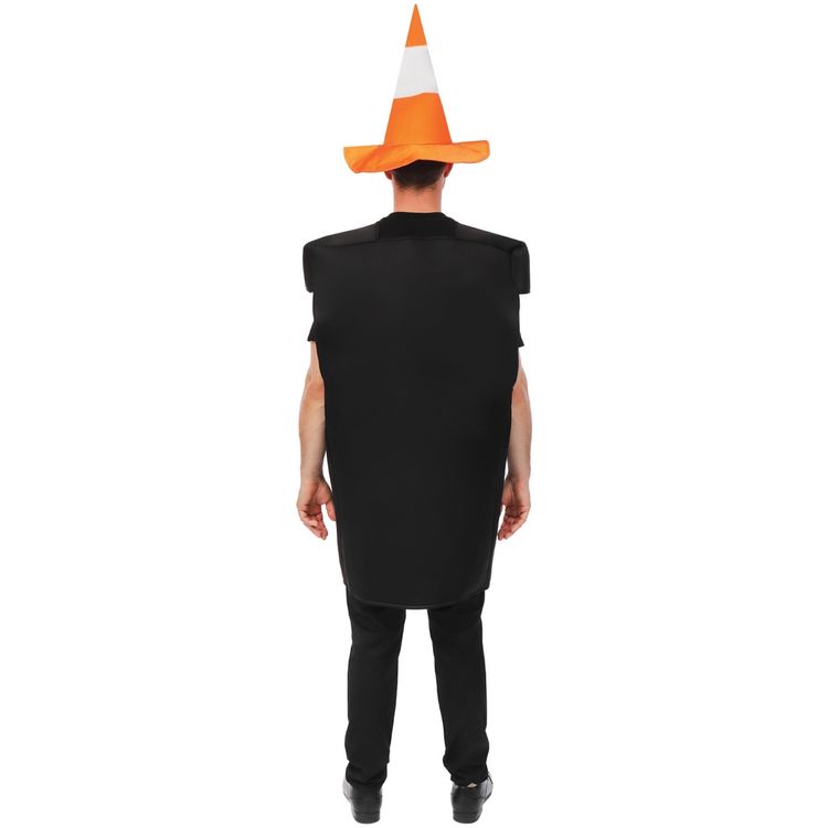 Mann trägt schwarzes Ampel Kostüm mit roten, gelben und grünen Lichtern sowie orangefarbenem Baustellenkegel-Hut.