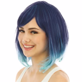 Meerjungfrau Perücke Blau Ombre Bob hitzebeständig für Damen Kostüm-Zubehör Fasching Karneval Mottoparty Accessoire Seitliche Ansicht der kurzen Damenperücke in Dunkelblau mit türkisfarbenen Spitzen und gestuftem Schnitt.