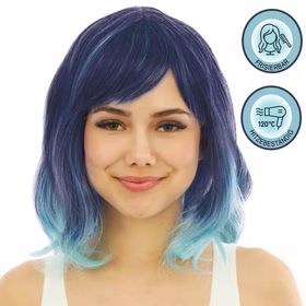 Meerjungfrau Perücke Blau Ombre Bob hitzebeständig für Damen Kostüm-Zubehör Fasching Karneval Mottoparty Accessoire Damenperücke mit dunkelblauem Bob-Schnitt und hellblauen Spitzen auf weißem Hintergrund, inklusive Symbole für frisierbar und hitzebeständig bis 120 °C.