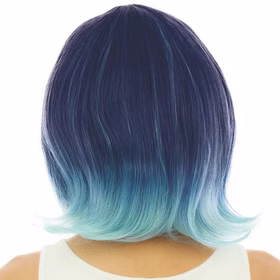 Meerjungfrau Perücke Blau Ombre Bob hitzebeständig für Damen Kostüm-Zubehör Fasching Karneval Mottoparty Accessoire Rückansicht der blau-türkisen Bob-Perücke mit weichem Farbverlauf und leicht nach außen gedrehten Spitzen.