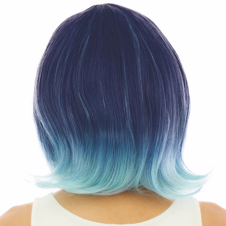 Meerjungfrau Perücke Blau Ombre Bob hitzebeständig für Damen Kostüm-Zubehör Fasching Karneval Mottoparty Accessoire Rückansicht der blau-türkisen Bob-Perücke mit weichem Farbverlauf und leicht nach außen gedrehten Spitzen.