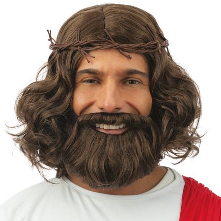 Jesus Perücke mit Bart & Dornenkrone Braun Fasching für Herren