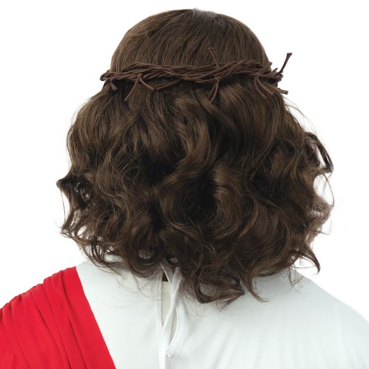 Mann mit brauner Perücke, Vollbart und Dornenkranz, frontal aufgenommen.