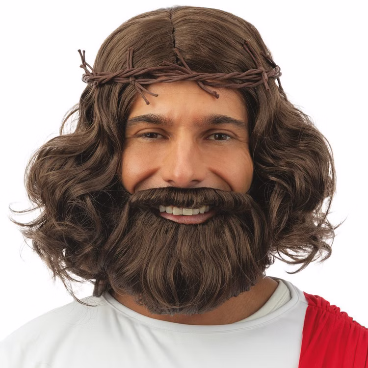 Jesus Perücke mit Bart & Dornenkrone Braun Fasching für Herren Kostüm-Zubehör Karneval Party-Accessoire Karneval Mottoparty Religion Mann mit brauner Perücke, Vollbart und Dornenkranz, frontal aufgenommen.