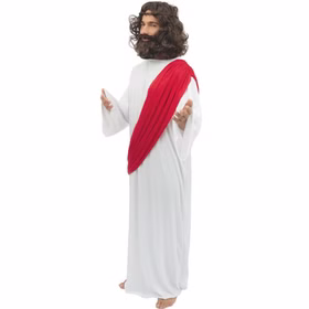 Seitliche Ansicht des Jesus Herrenkostüms mit roter Stola, brauner Lockenperücke, Vollbart und antik inspiriertem Look.