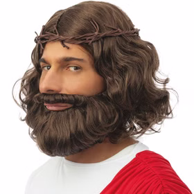 Seitliche Detailansicht der Jesus Perücke mit braunem Kunsthaar, integriertem Bart und dekorativem Dornenkranz.