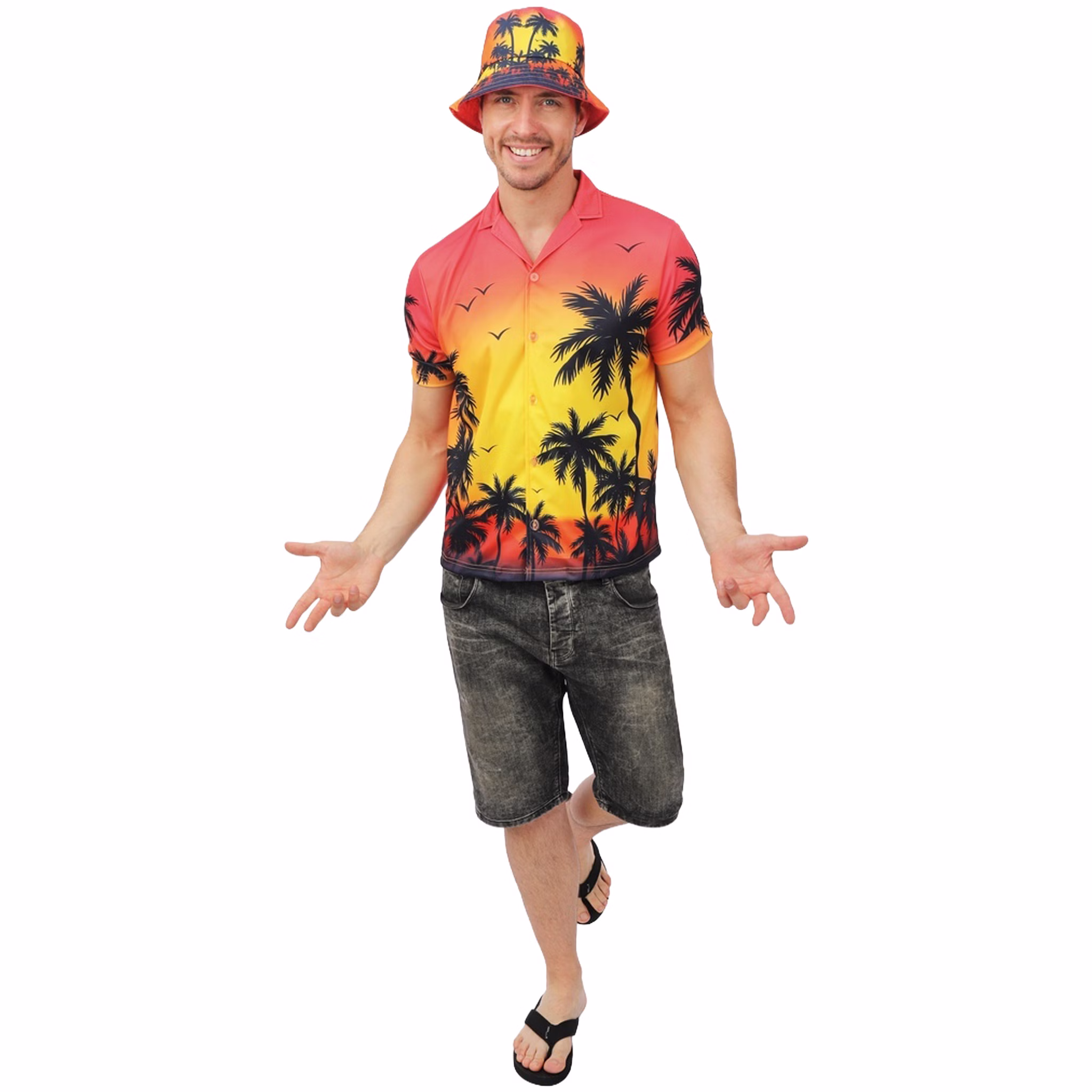 Mann mit Hawaiihemd und Fischerhut im Sonnenuntergangs-Look mit schwarzen Palmenmotiven und tropischem Flair.