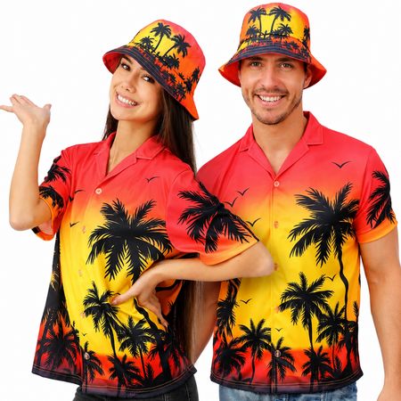 Hawaiihemd mit Fischerhut Palmen Sunset für Damen & Herren