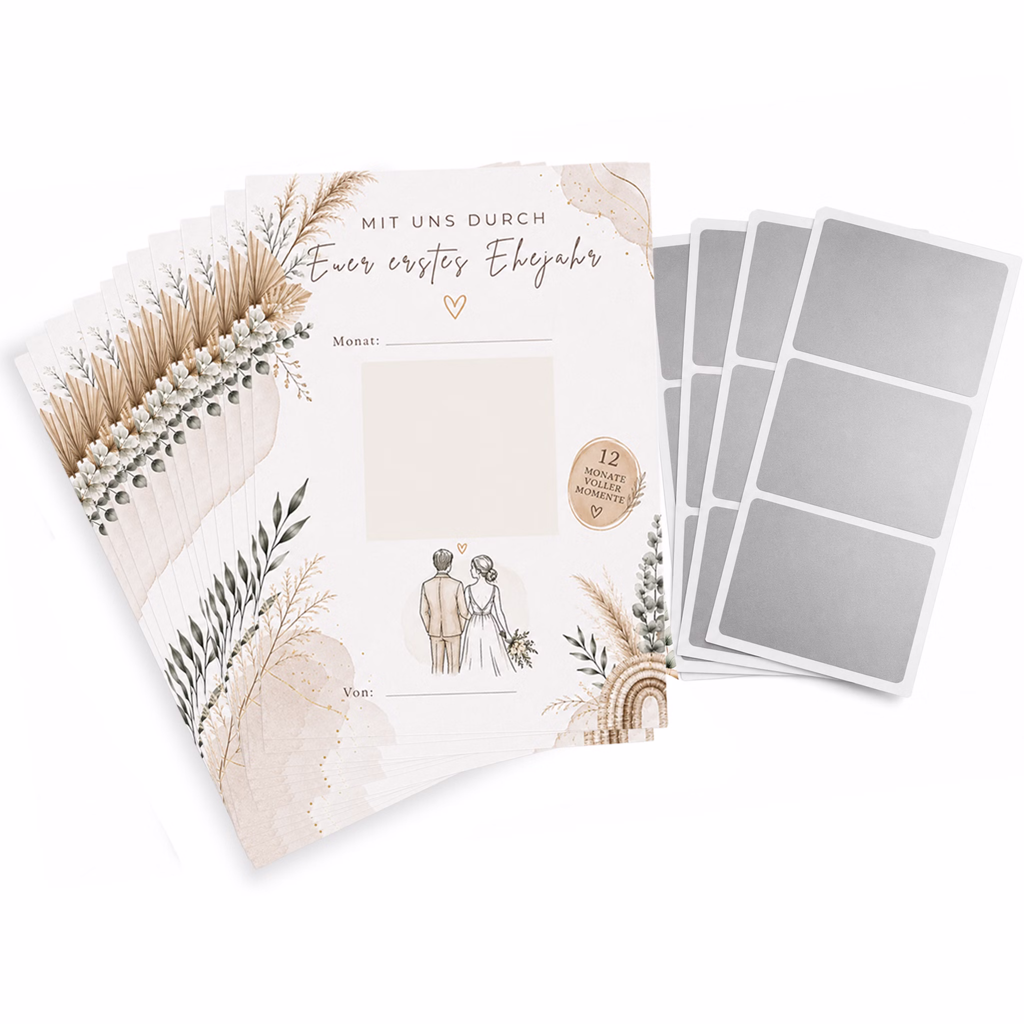 Produktbild mit mehreren Hochzeits-Rubbelkarten im Boho-Stil sowie vier Bögen silberner Rubbelsticker auf hellem Hintergrund.