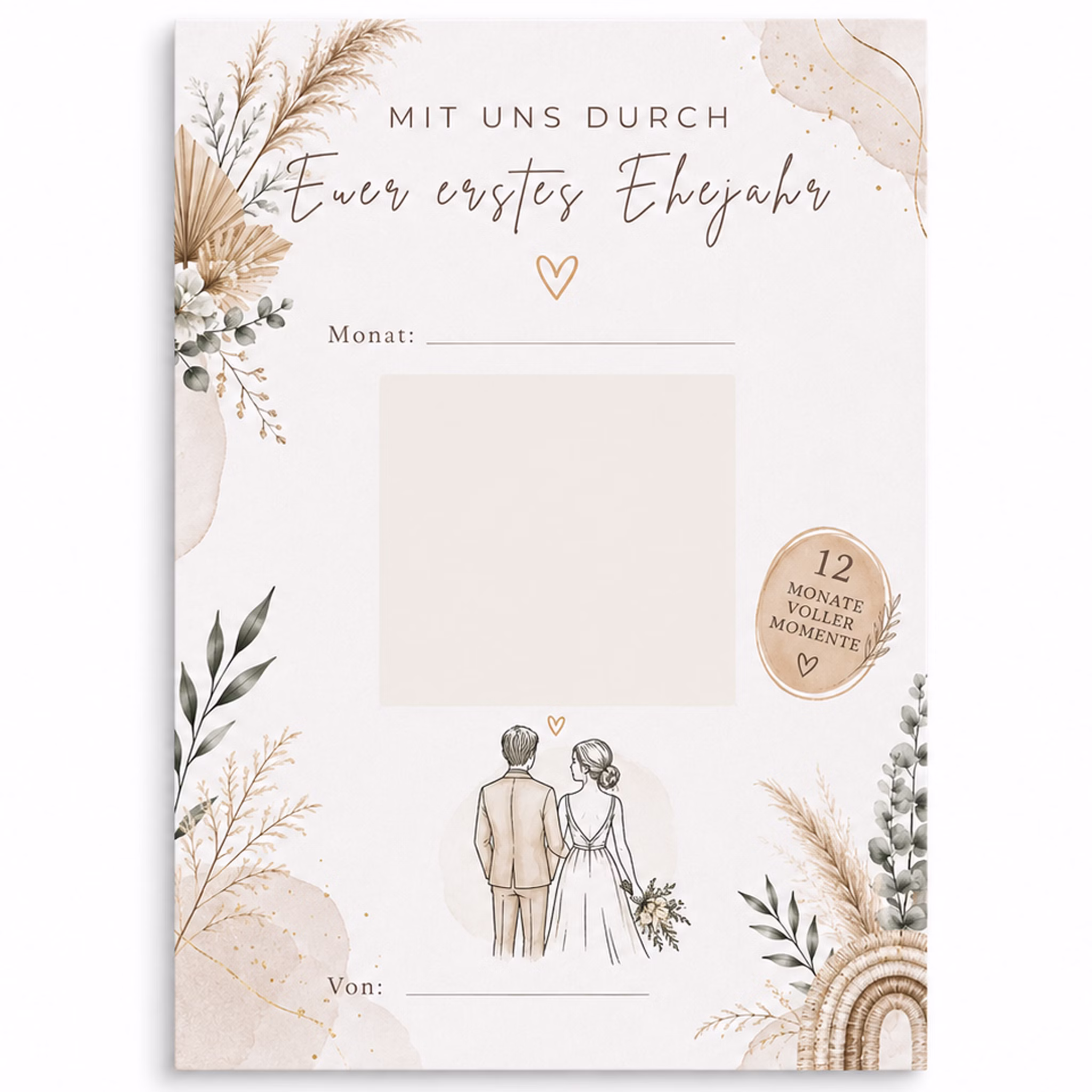 Boho-Rubbelkarte für Hochzeiten im A6-Format mit floralen Elementen, Brautpaar-Motiv, Rubbelbereich und Badge „12 Monate voller Momente“ auf hellem Hintergrund.