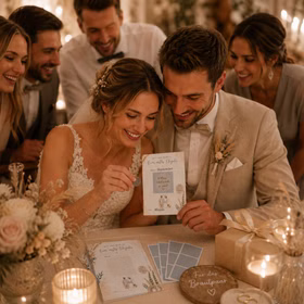 Hochzeitsspiel „Mit uns durch Euer erstes Ehejahr“ mit Rubbelkarten 12 Monate voller Momente im Boho-Design Gutscheinkarten mit Rubbelstickern Hochzeitsspiel & Geschenkidee Heiraten Brautpaar Geschenkidee Hochzeit Wedding Gutschein Geschenkgutschein JGA Pa Brautpaar beim Freirubbeln einer Hochzeits-Rubbelkarte „Mit uns durch Euer erstes Ehejahr“ im warmen Boho-Hochzeitsambiente mit Gästen, Kerzen und Geschenkboxen.