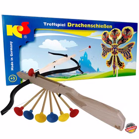 Treffspiel Drachenschießen aus Holz mit Armbrust & 6 Sicherheitspfeilen Nostalgie Spielzeug Pfeil und Bogen Rollenspiel für Kinder hochwertiges Holzspielzeug made in Germany Komplettset Drachenschießen mit Holz-Armbrust, sechs Saugnapfpfeilen und Verpackung inklusive Made-in-Germany-Siegel.