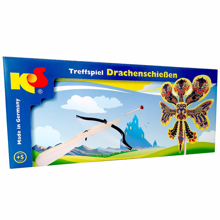 Treffspiel Drachenschießen aus Holz mit Armbrust & 6 Sicherheitspfeilen Nostalgie Spielzeug Pfeil und Bogen Rollenspiel für Kinder hochwertiges Holzspielzeug made in Germany Verpackung des Treffspiels Drachenschießen aus Holz mit Armbrust, sechs Sicherheitspfeilen und farbenfrohem Drachenziel im praktischen Tragekoffer.