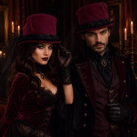 Gothic Vampirhut weinrot Zylinder mit Schleier & Rosen Halloween Zubehör Gothic Zylinder für Damen und Herren Kostüm-Zubehör Halloween Fasching Karneval Mottoparty Dame und Herr im eleganten Gothic-Vampir-Look mit weinrotem Zylinderhut, schwarzen Rosen und Schleier vor düsterer Schlosskulisse