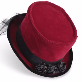 Gothic Vampirhut weinrot Zylinder mit Schleier & Rosen Halloween Zubehör Gothic Zylinder für Damen und Herren Kostüm-Zubehör Halloween Fasching Karneval Mottoparty Weinroter Gothic-Zylinder mit schwarzem Satinband, drei schwarzen Stoffrosen und feinem Tüllschleier auf hellem Hintergrund.