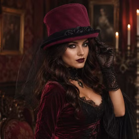 Gothic Vampirhut weinrot Zylinder mit Schleier & Rosen Halloween Zubehör Gothic Zylinder für Damen und Herren Kostüm-Zubehör Halloween Fasching Karneval Mottoparty Dame im weinroten Gothic-Kleid mit passendem Vampir-Zylinderhut, schwarzem Schleier und Spitzenhandschuhen im viktorianischen Stil.