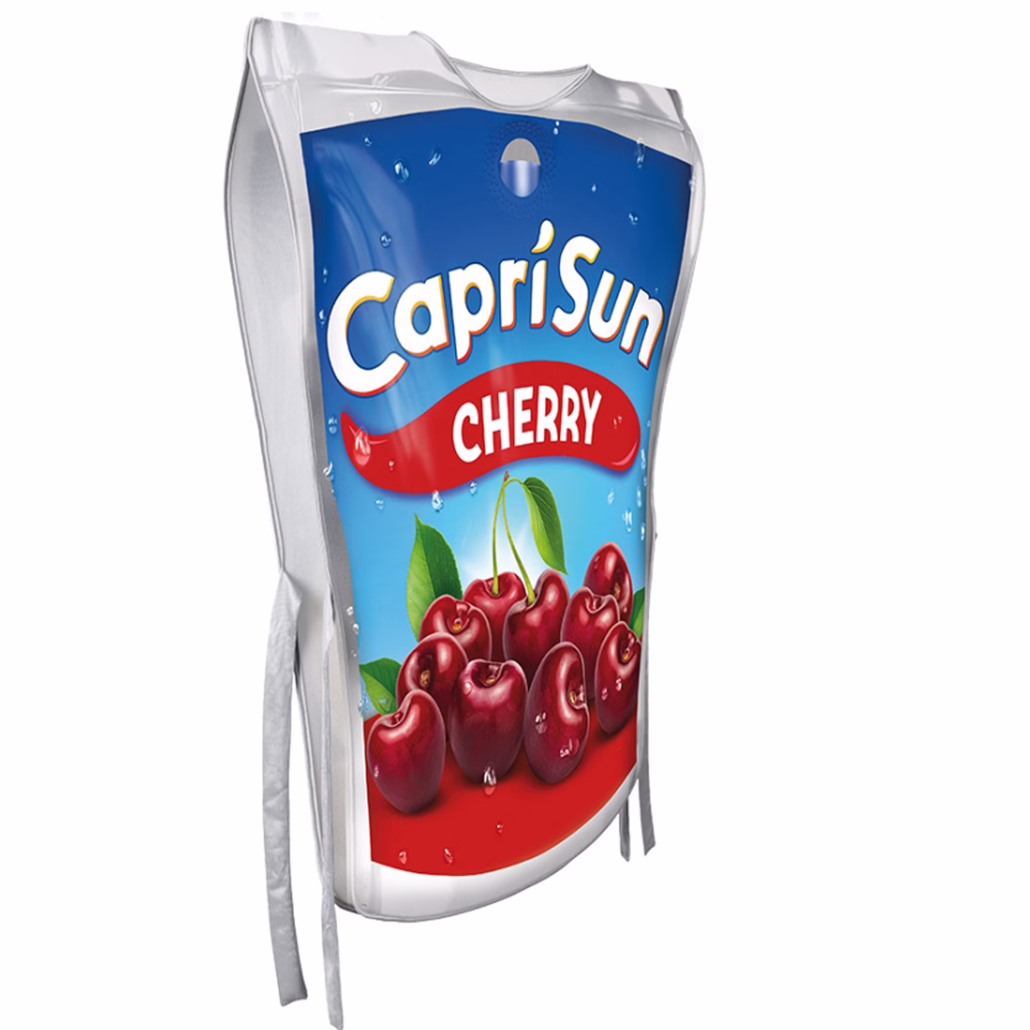 Seitliche Produktansicht der Capri Sun Cherry Kostüm-Tunika im Trinkpäckchen-Design mit seitlichen Bändern.