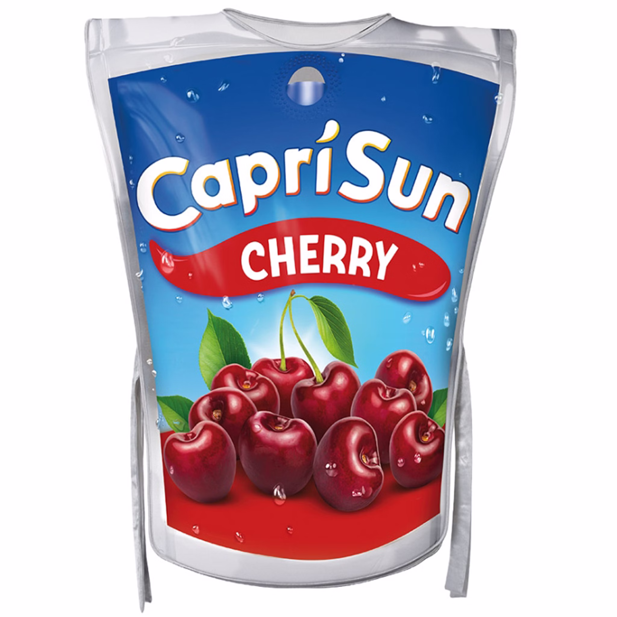 Vorderansicht der Capri Sun Cherry Kostüm-Tunika mit großem Markenaufdruck, Cherry Schriftzug und rotem Kirschmotiv.