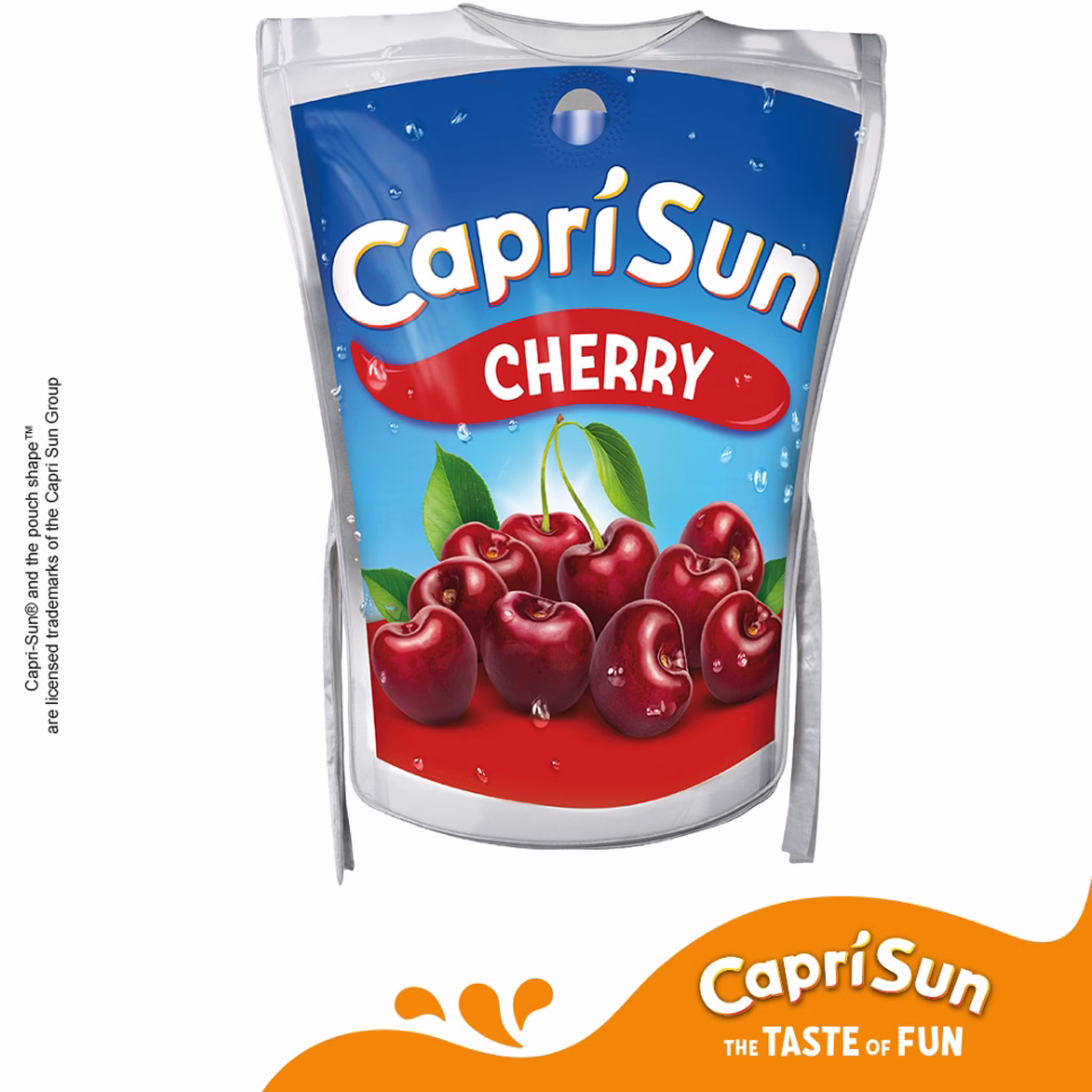 Frontansicht der Capri Sun Cherry Kostüm-Tunika mit großem Cherry Trinkpäckchen-Print und offiziellem Capri Sun Branding.