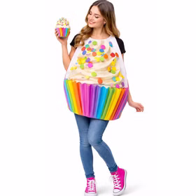 Cupcake Kostüm Muffin Damen bunt Frau trägt ein buntes Cupcake-Kostüm mit weißer Creme, farbigen Streuseln und Regenbogenförmchen und hält einen kleinen Cupcake. Hinweis: KI generiertes Bild