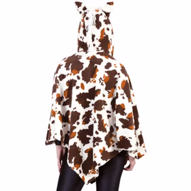 Rückansicht des Pferde-Ponchos Hufbert mit braun-weißem Fellmuster, Pferdeohren und weißer Mähne auf der Kapuze.